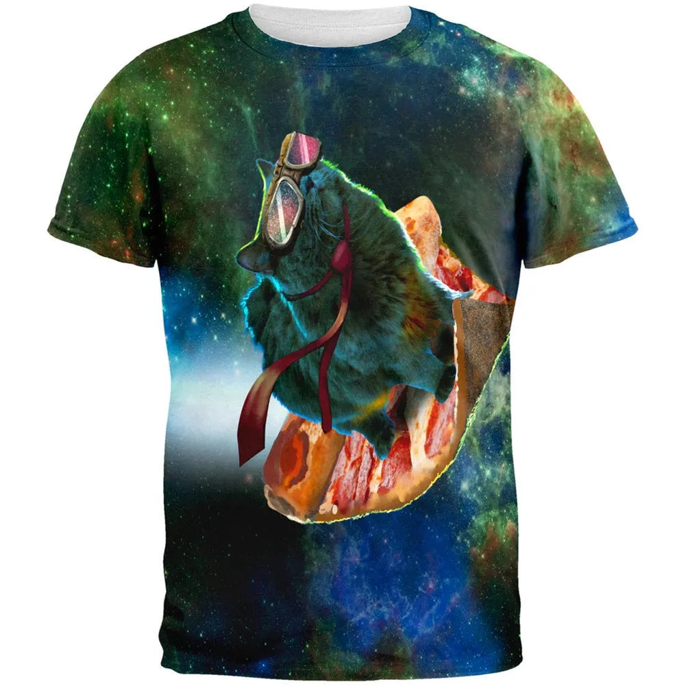 Galaxy Pizza Cat Adult Black Back T-Shirt