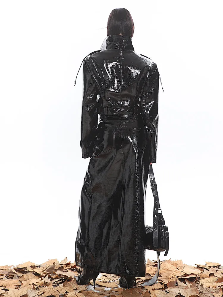 Glossy Belted Faux Leather Two-Piece Trench Set