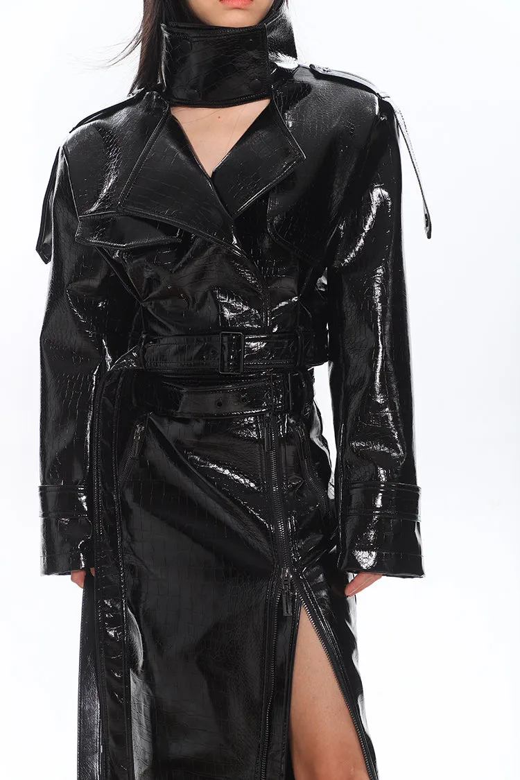 Glossy Belted Faux Leather Two-Piece Trench Set