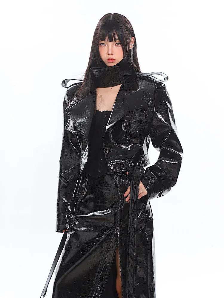 Glossy Belted Faux Leather Two-Piece Trench Set
