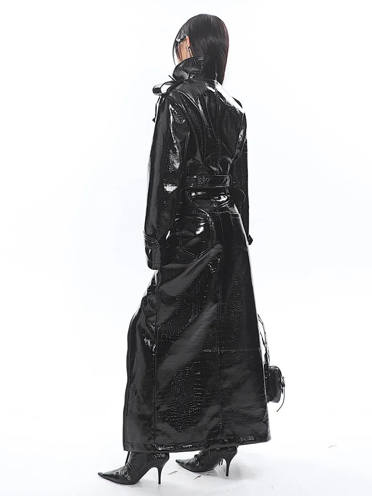 Glossy Belted Faux Leather Two-Piece Trench Set