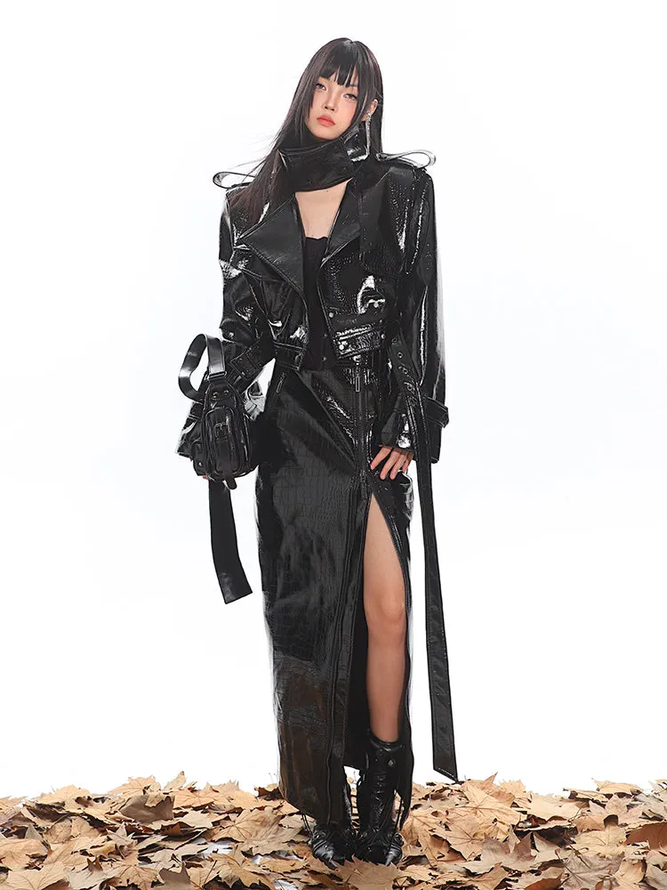 Glossy Belted Faux Leather Two-Piece Trench Set
