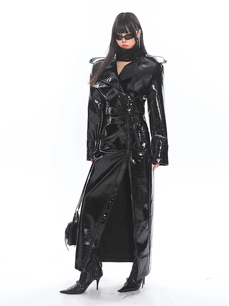 Glossy Belted Faux Leather Two-Piece Trench Set