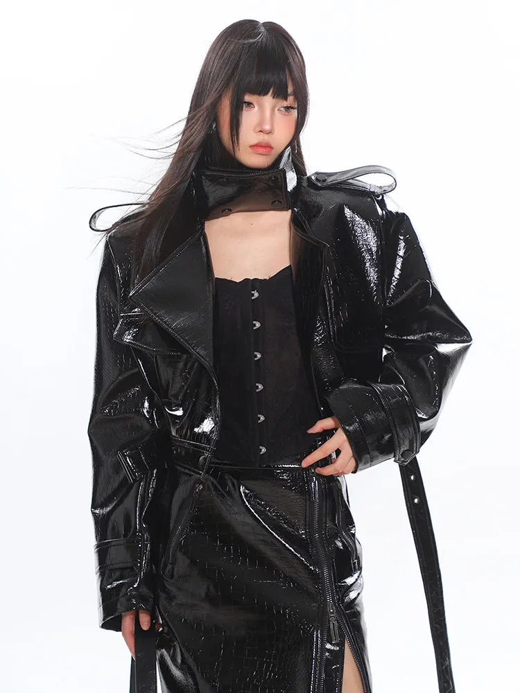 Glossy Belted Faux Leather Two-Piece Trench Set