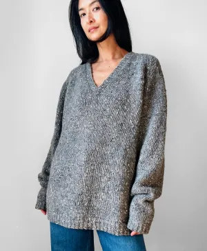 Hand-Knit V-Neck Grey Wool Sweater - Sz. O/S