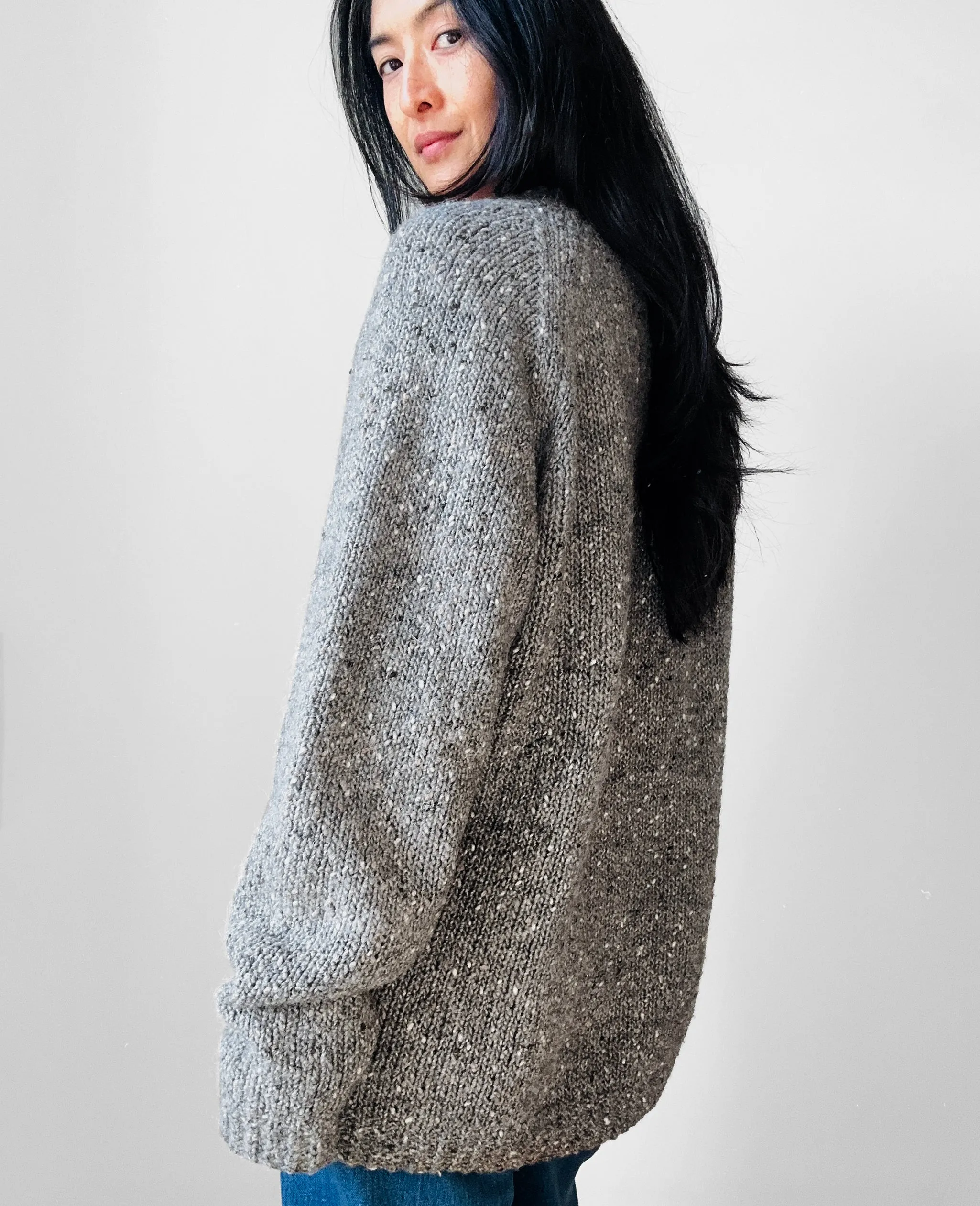 Hand-Knit V-Neck Grey Wool Sweater - Sz. O/S
