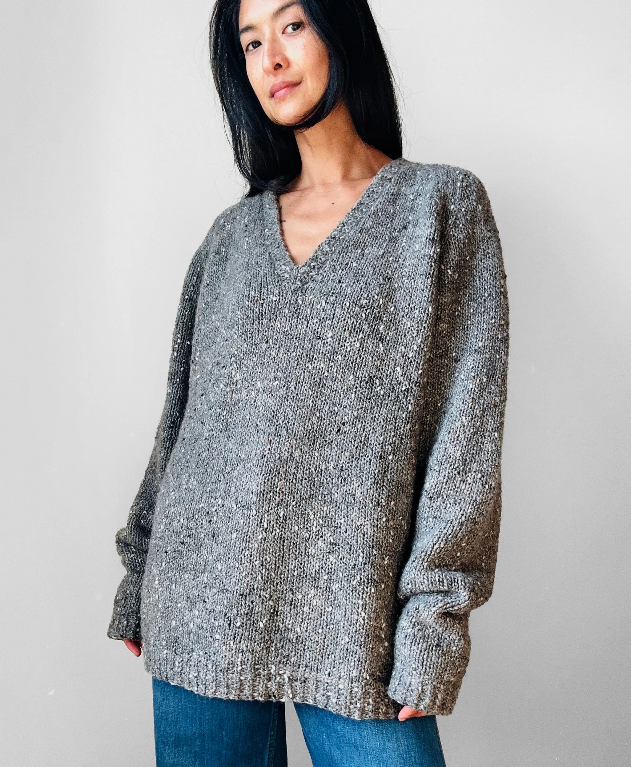 Hand-Knit V-Neck Grey Wool Sweater - Sz. O/S