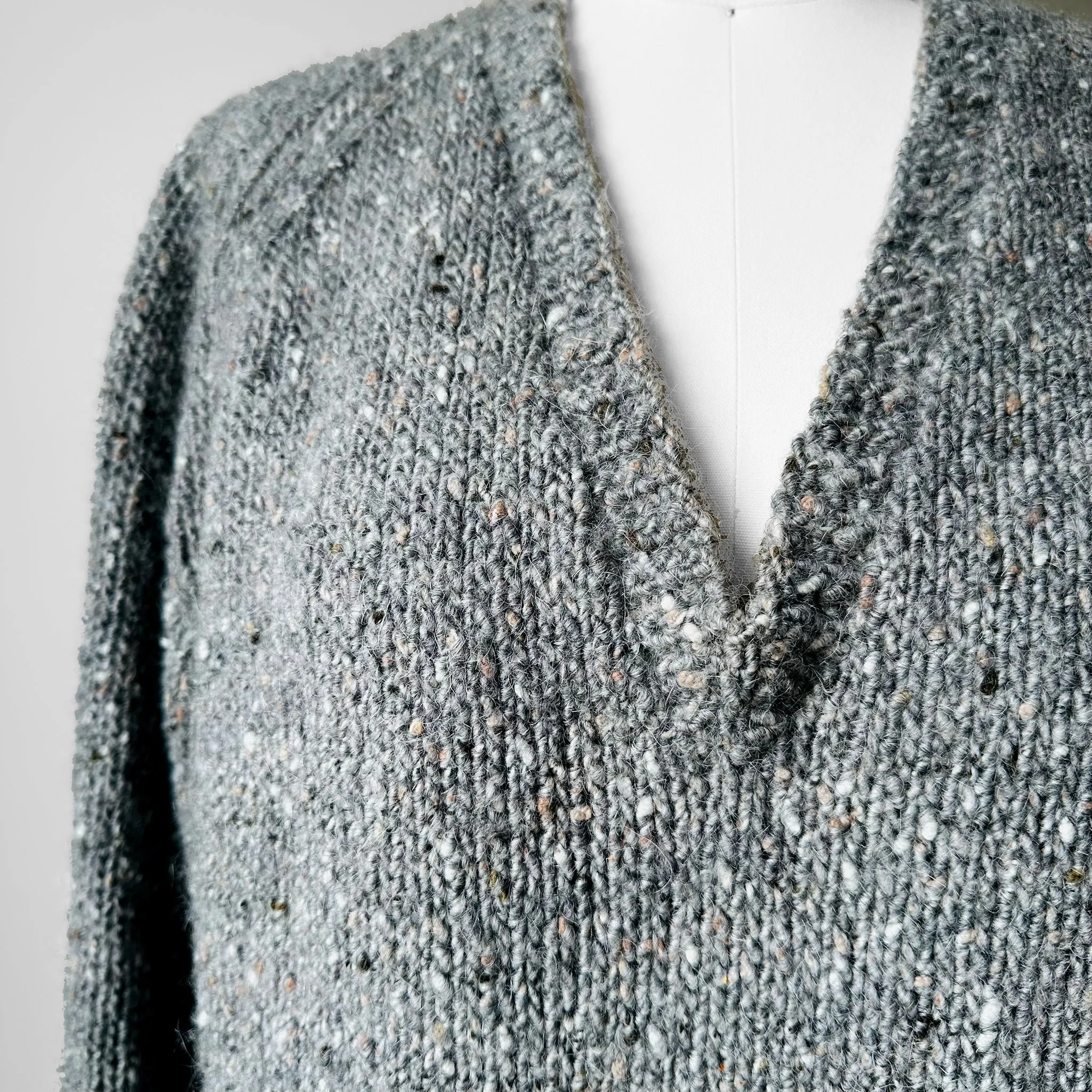 Hand-Knit V-Neck Grey Wool Sweater - Sz. O/S