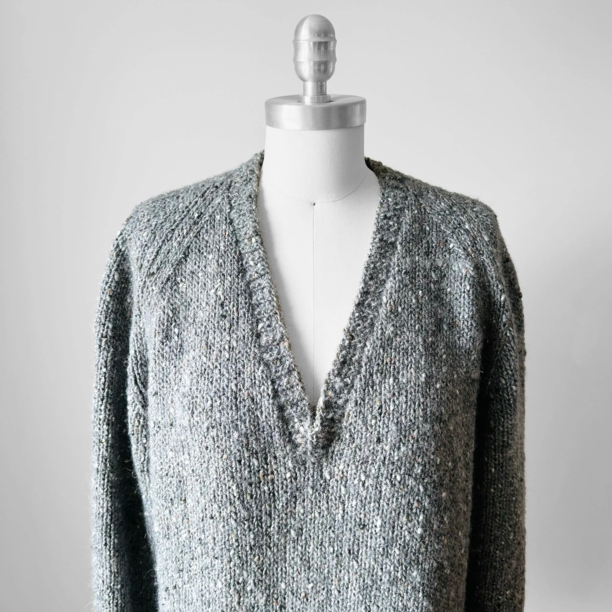 Hand-Knit V-Neck Grey Wool Sweater - Sz. O/S