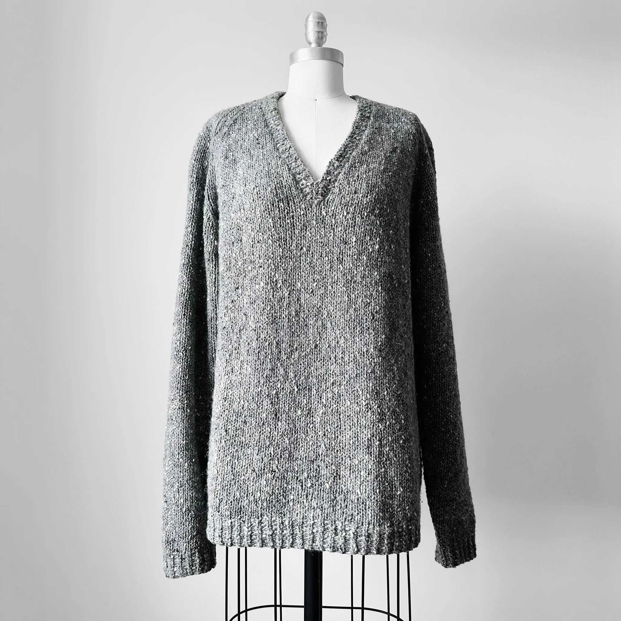 Hand-Knit V-Neck Grey Wool Sweater - Sz. O/S