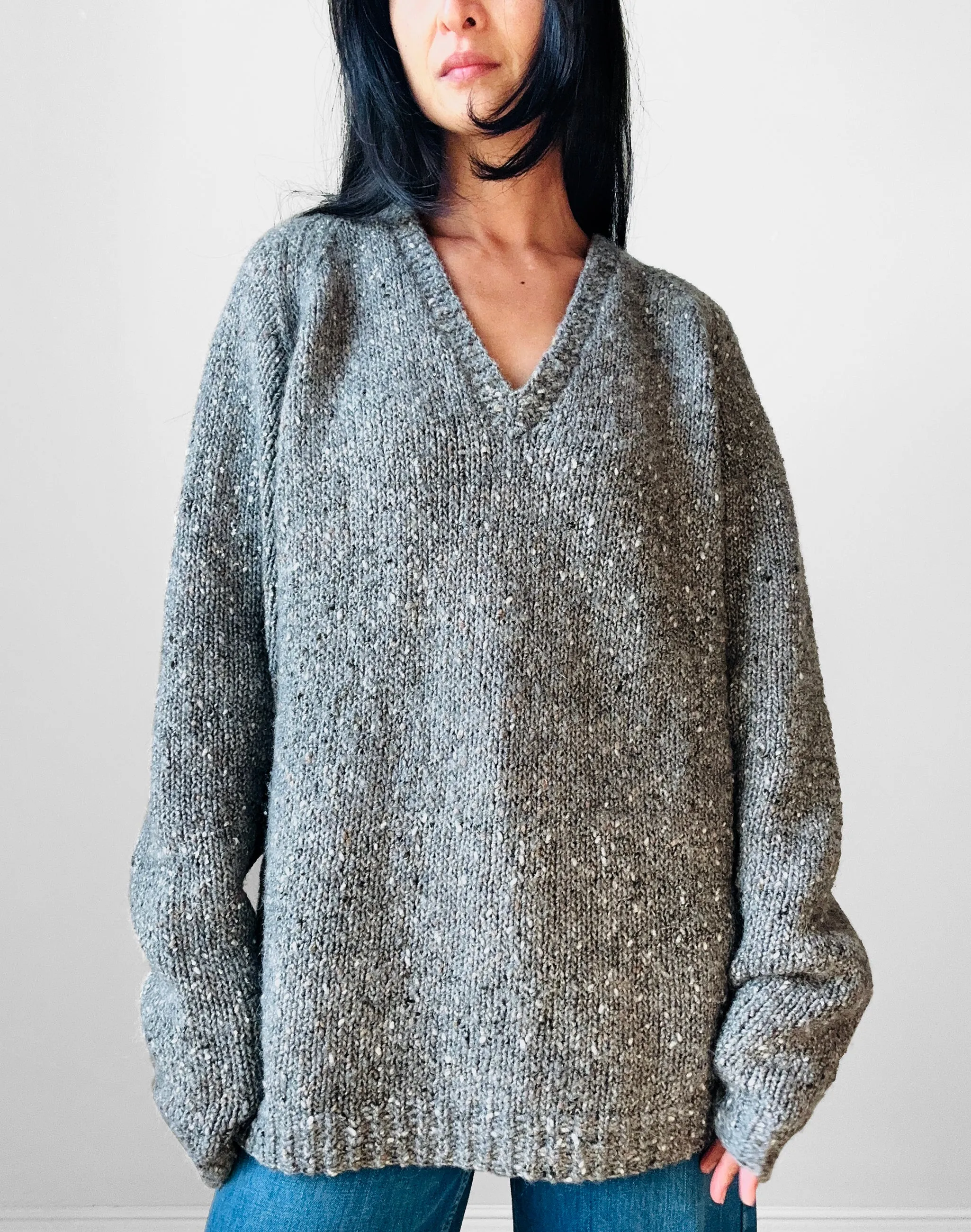 Hand-Knit V-Neck Grey Wool Sweater - Sz. O/S