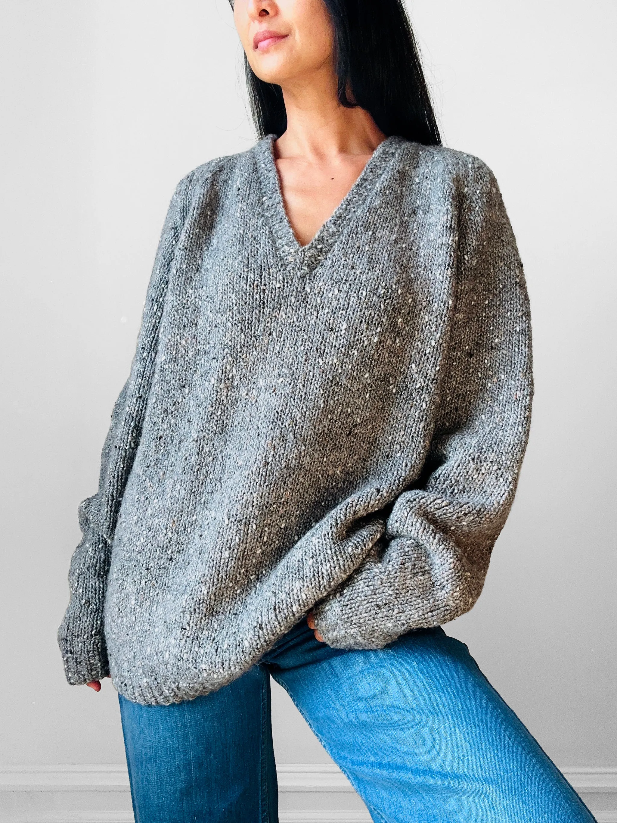 Hand-Knit V-Neck Grey Wool Sweater - Sz. O/S