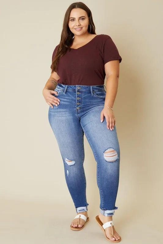 Hi Curvy Plus Size Women Hi Rise Button Fly Ankle Skinny