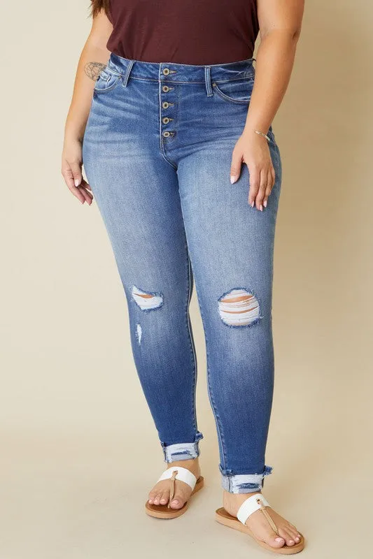 Hi Curvy Plus Size Women Hi Rise Button Fly Ankle Skinny