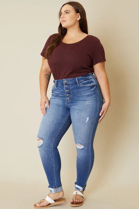 Hi Curvy Plus Size Women Hi Rise Button Fly Ankle Skinny