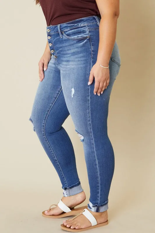 Hi Curvy Plus Size Women Hi Rise Button Fly Ankle Skinny
