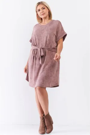 Junior Plus Light Brown Acid Wash Print Self-Tie Waist Detail Mini Dress /3-2-1