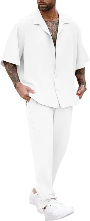 LecGee Men Summer Casual Short Sleeve Pant Sets Solid Button Down Shirt Elastic Pants 2 Piece Outfits Beach Tracksuit