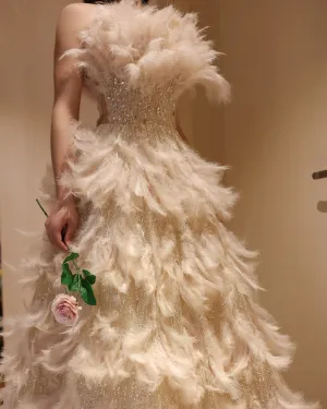 Luxury Feathers Strapless Ball Gown Evening Dress SS532