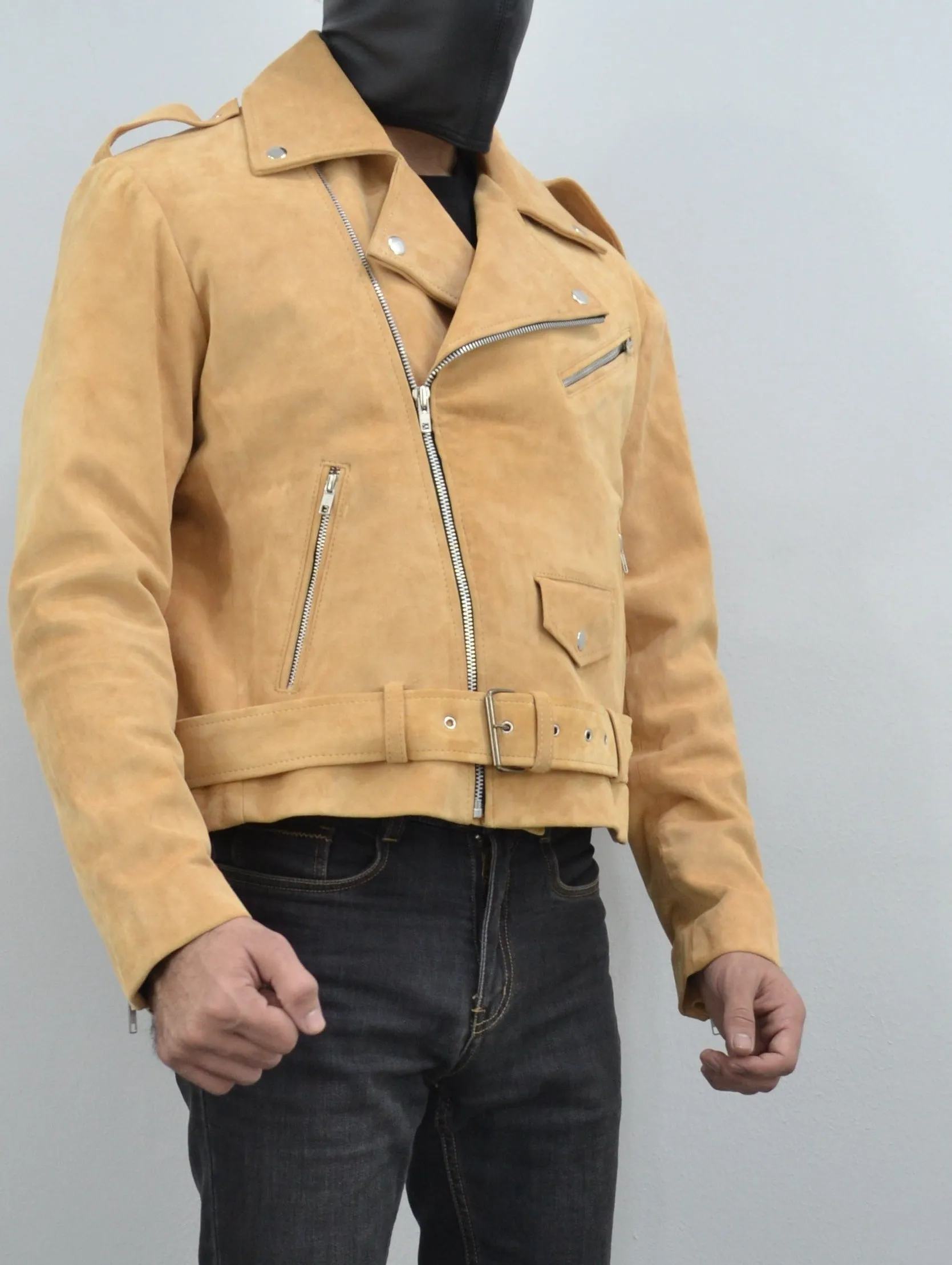Men's Beige Motorcycle Belted Real Suede Leather Biker Jacket