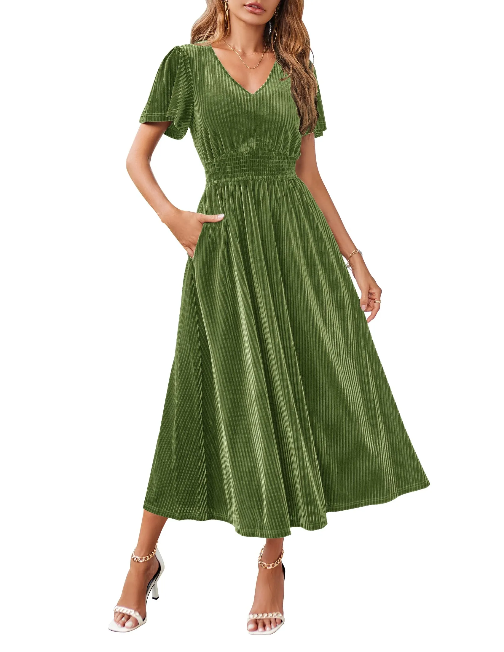 MEROKEETY Short Sleeve V Neck Velvet Maxi Dress
