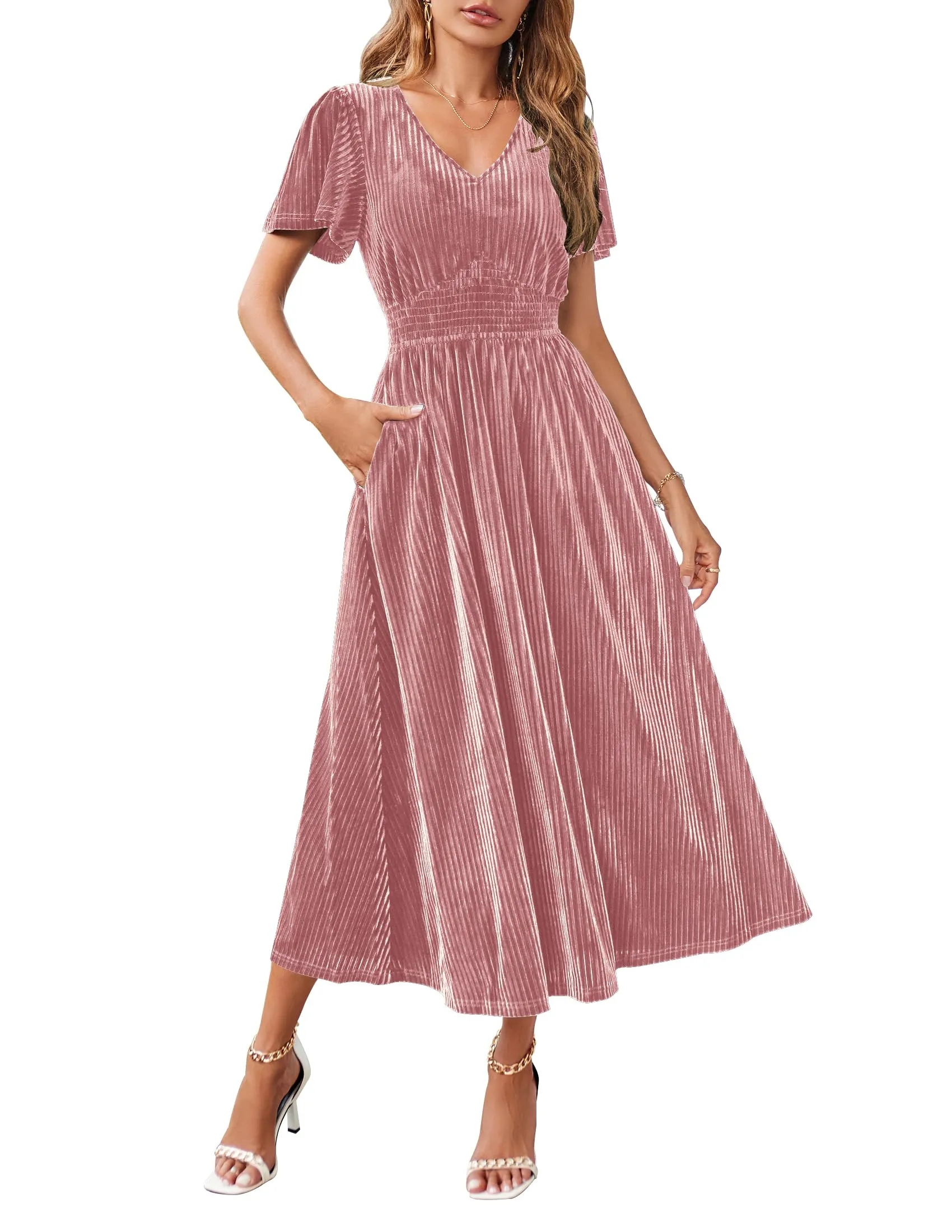 MEROKEETY Short Sleeve V Neck Velvet Maxi Dress