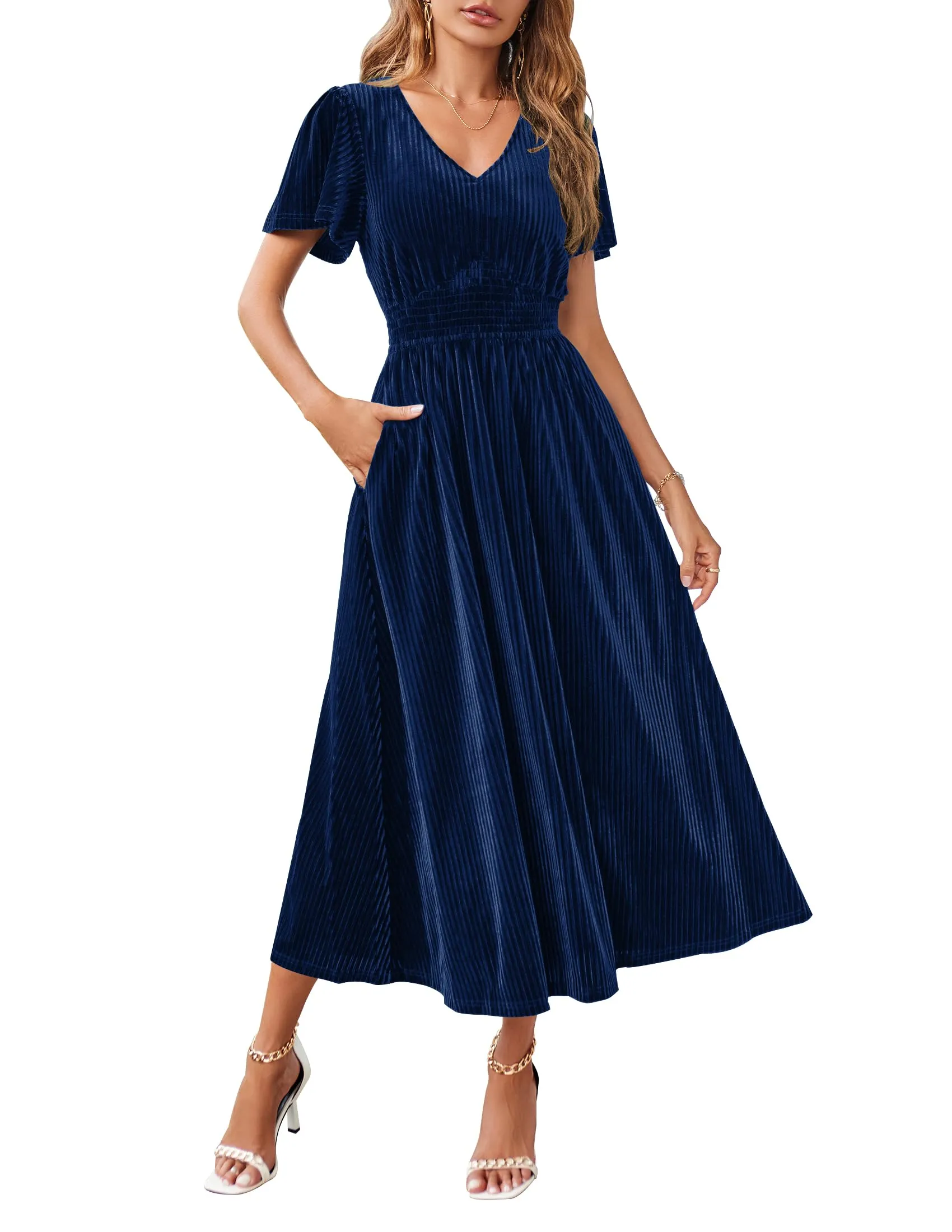 MEROKEETY Short Sleeve V Neck Velvet Maxi Dress