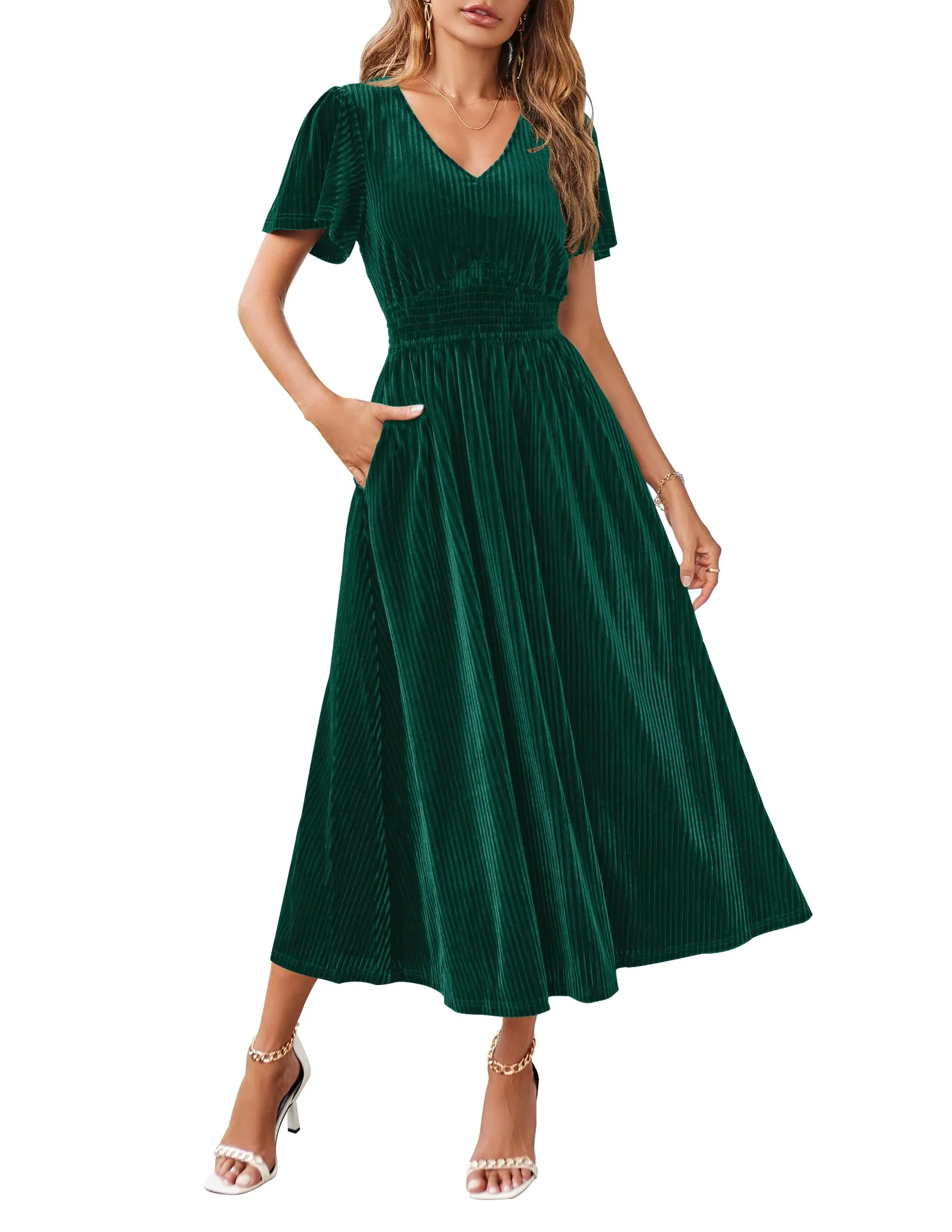 MEROKEETY Short Sleeve V Neck Velvet Maxi Dress