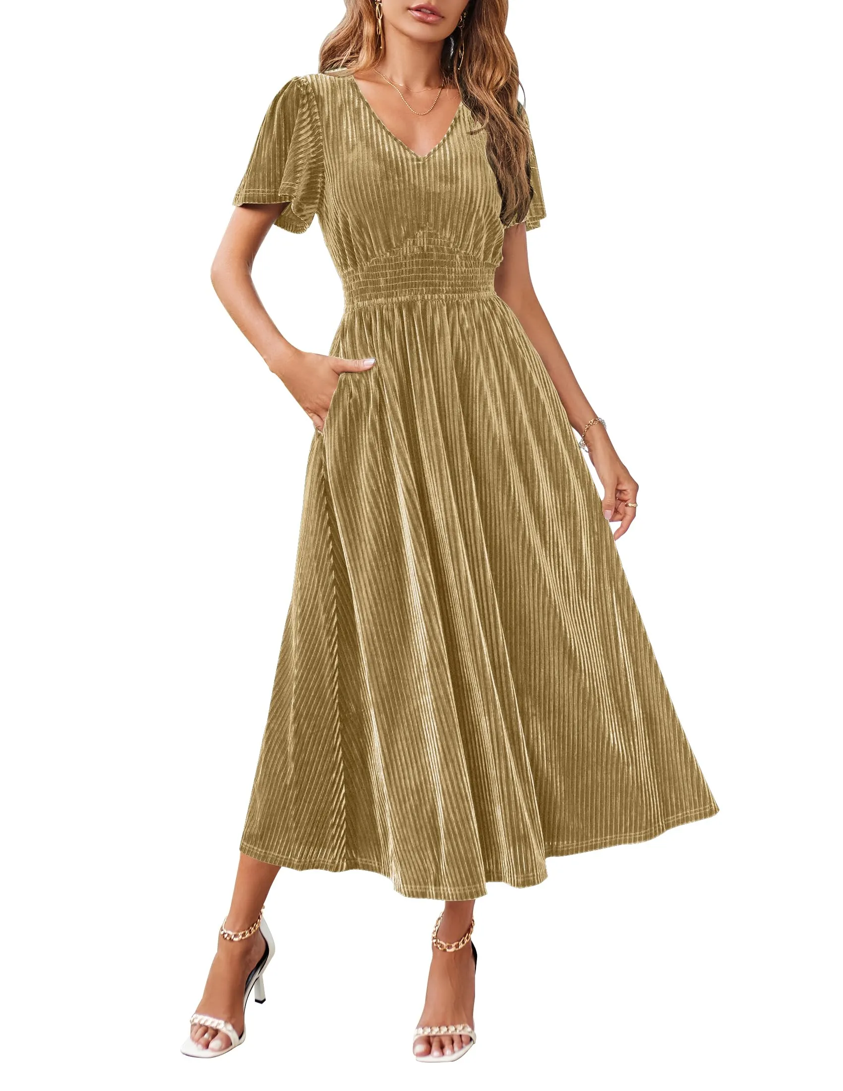 MEROKEETY Short Sleeve V Neck Velvet Maxi Dress