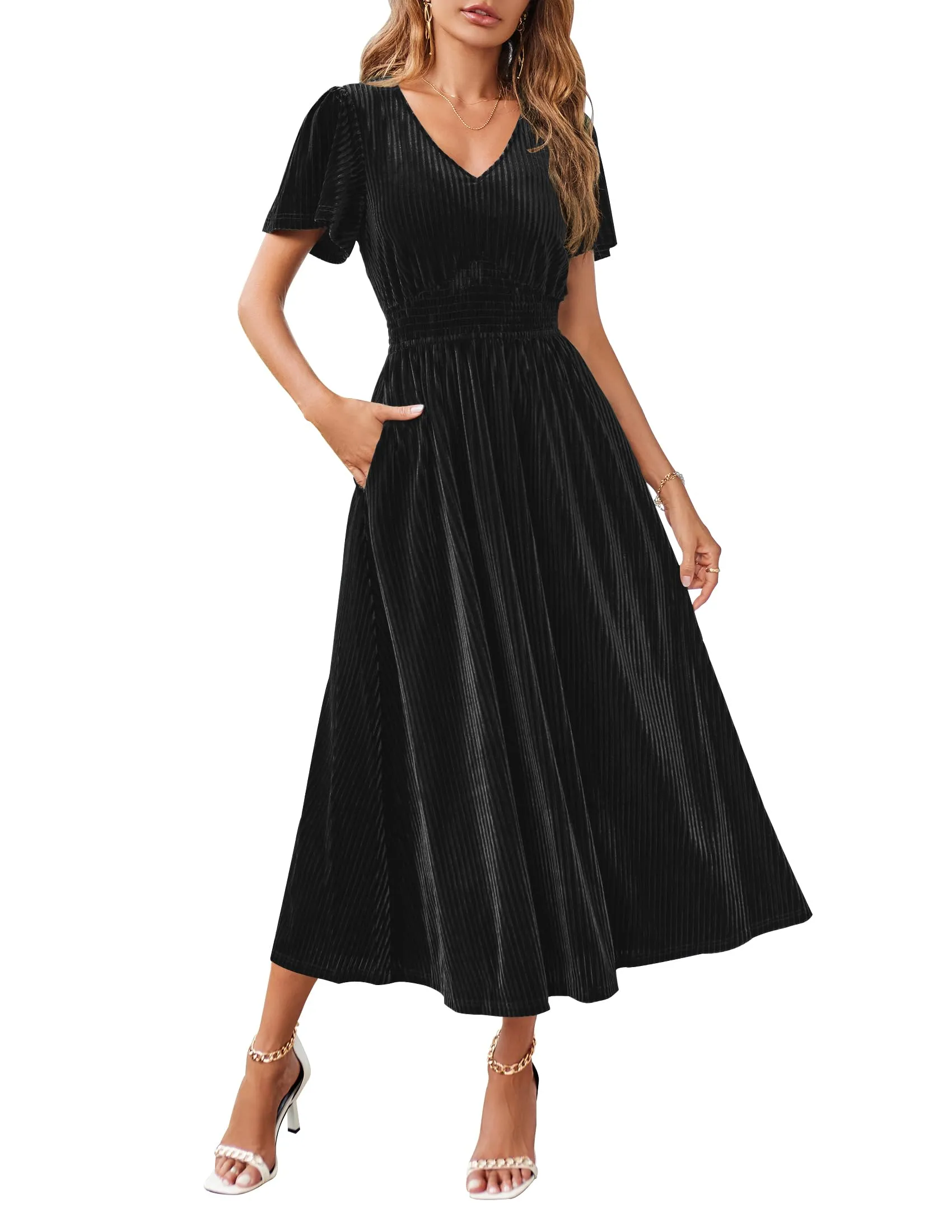 MEROKEETY Short Sleeve V Neck Velvet Maxi Dress