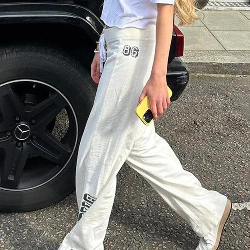 Metaversmall Casual White Sporty Chic Sweatpants Autumn Pants Women Streetwear Straight Leg Trousers Homewear Drawstring Outfits