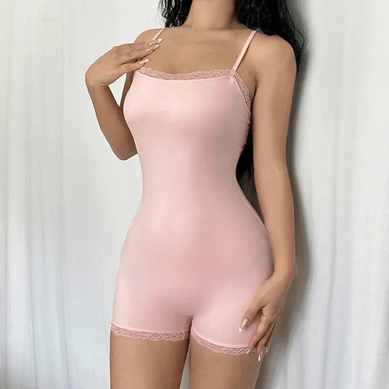 Metaversmall Fashion Pink Sweet Spaghetti Strap Skinny Summer Playsuit Women Lace Trim One Piece Cute Coquette Bodysuits Homewear