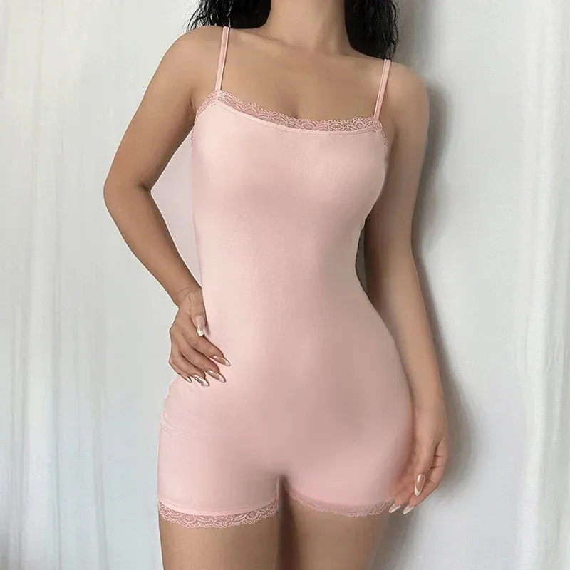 Metaversmall Fashion Pink Sweet Spaghetti Strap Skinny Summer Playsuit Women Lace Trim One Piece Cute Coquette Bodysuits Homewear