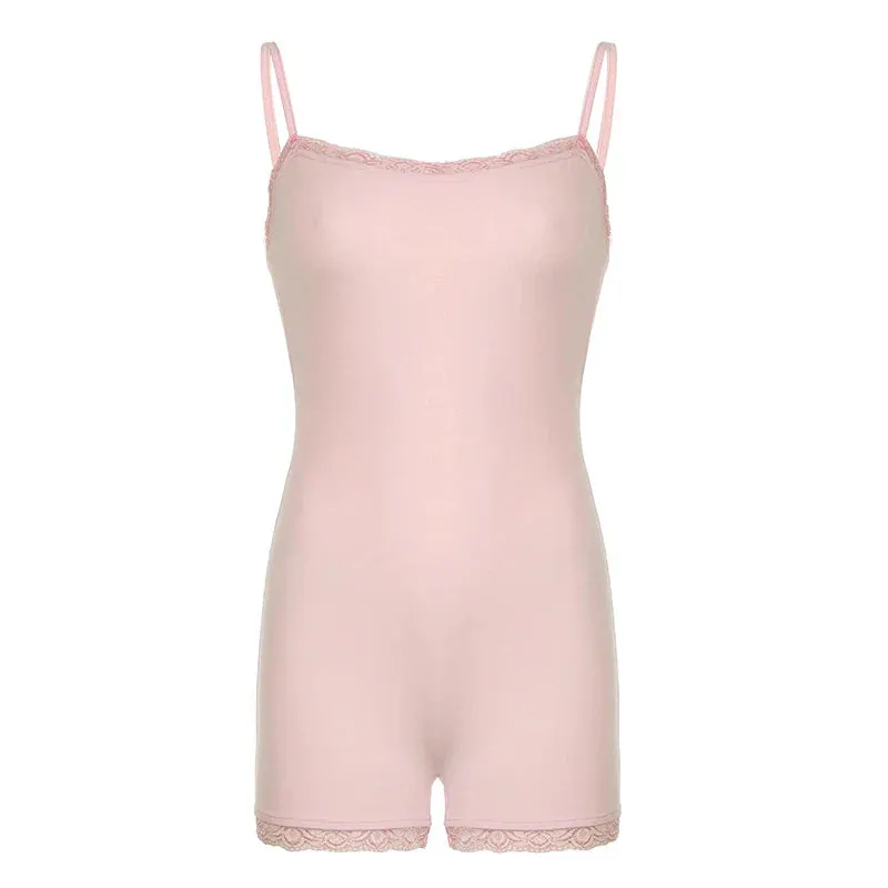 Metaversmall Fashion Pink Sweet Spaghetti Strap Skinny Summer Playsuit Women Lace Trim One Piece Cute Coquette Bodysuits Homewear