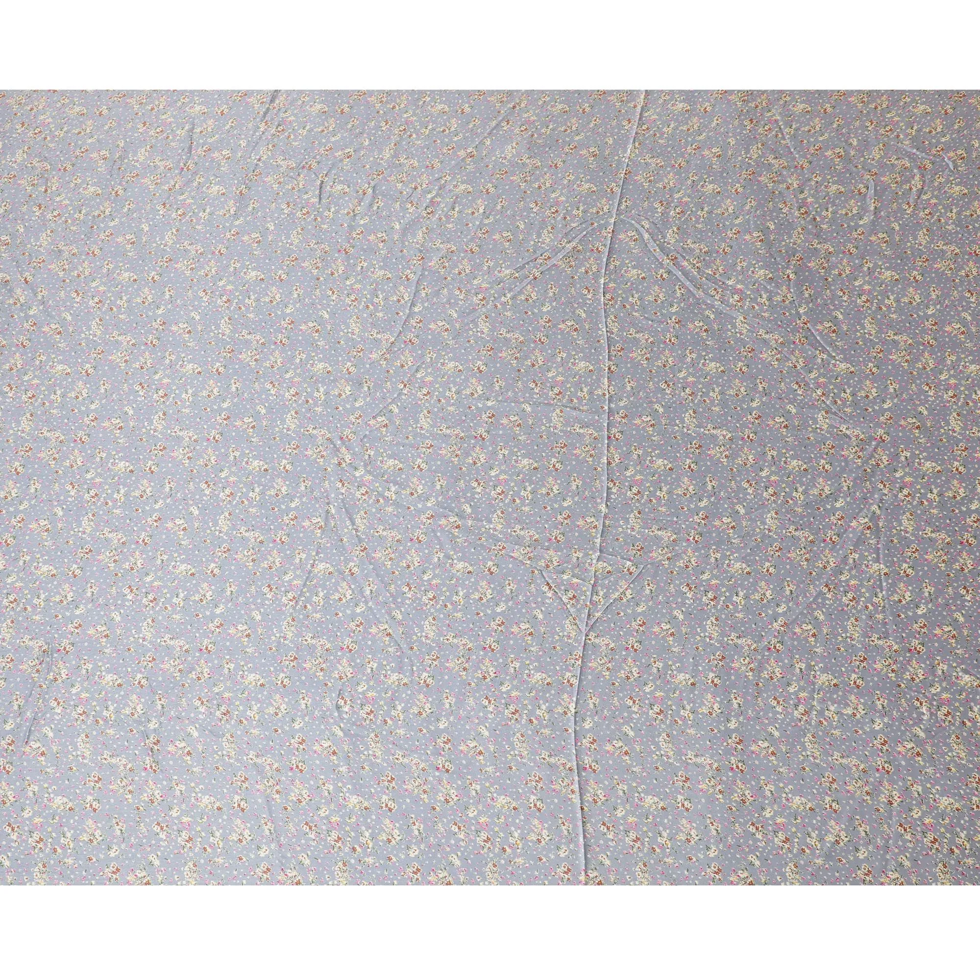 Mink grey synthetic satin fabric with multicolor print in floral design-D16851