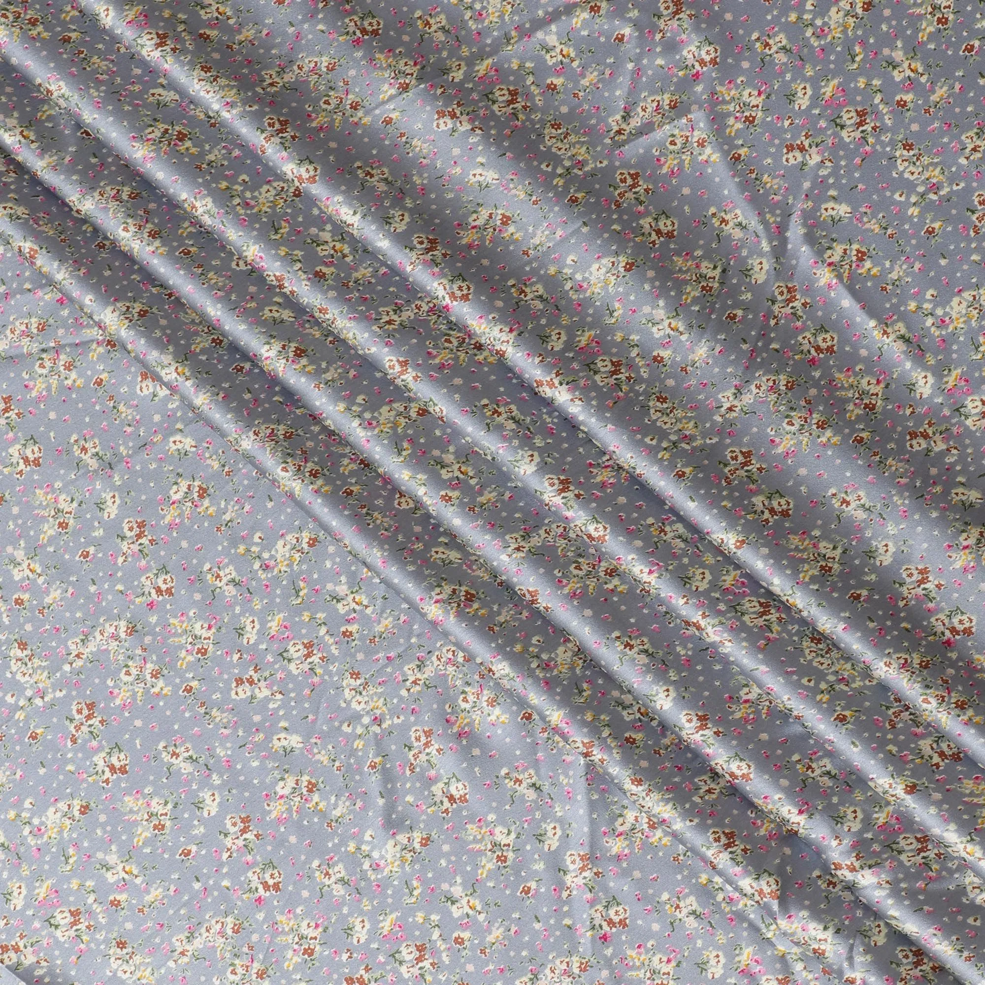 Mink grey synthetic satin fabric with multicolor print in floral design-D16851
