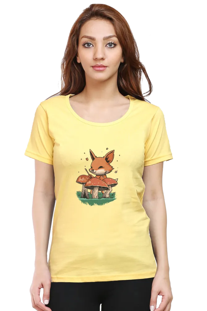 Mushroom Rhythm Fox Printed Scoop Neck T-shirt for women