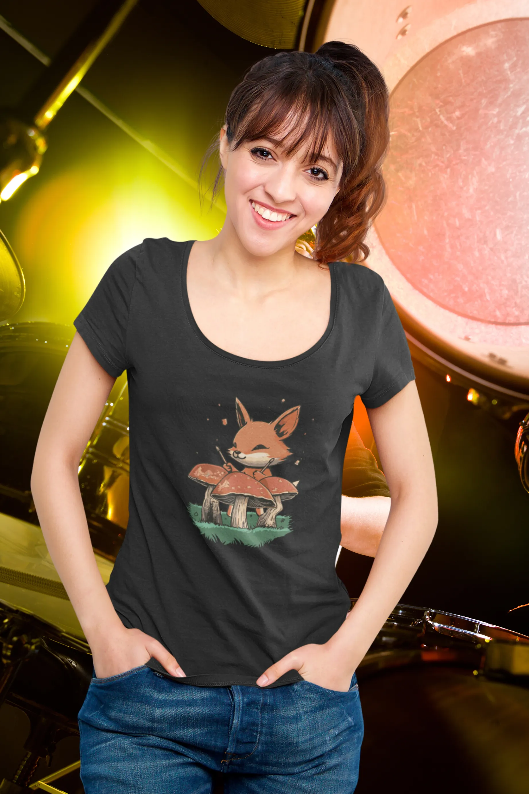 Mushroom Rhythm Fox Printed Scoop Neck T-shirt for women