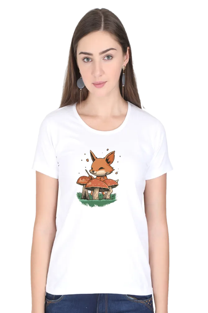 Mushroom Rhythm Fox Printed Scoop Neck T-shirt for women