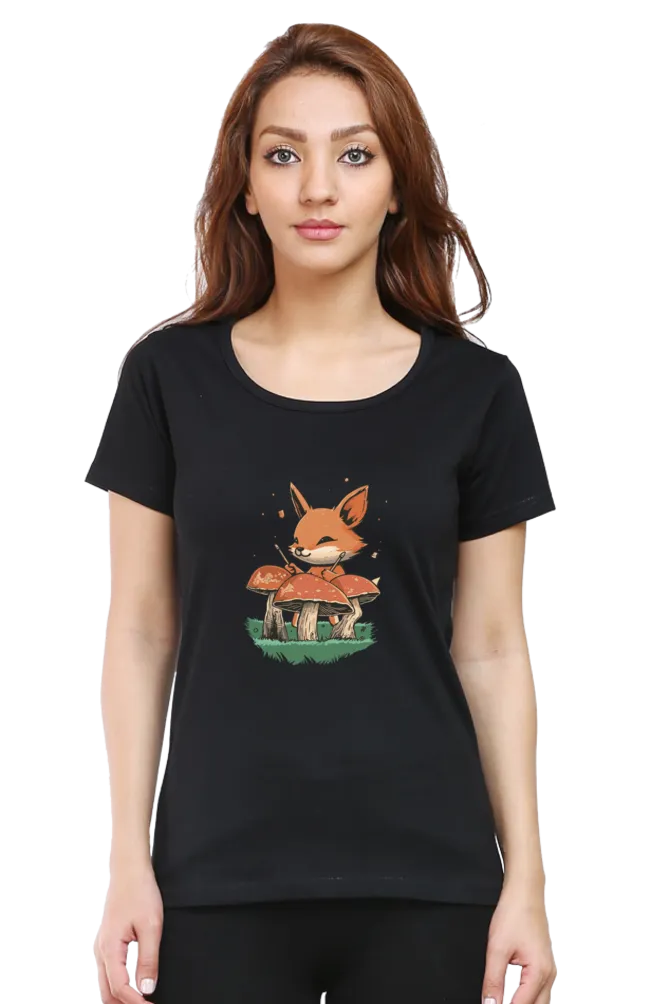 Mushroom Rhythm Fox Printed Scoop Neck T-shirt for women