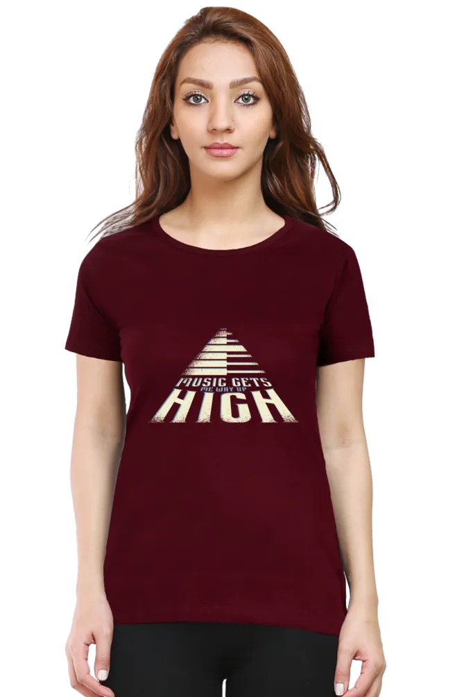 Music Gets Me Way Up High Printed Scoop Neck T-shirt for women