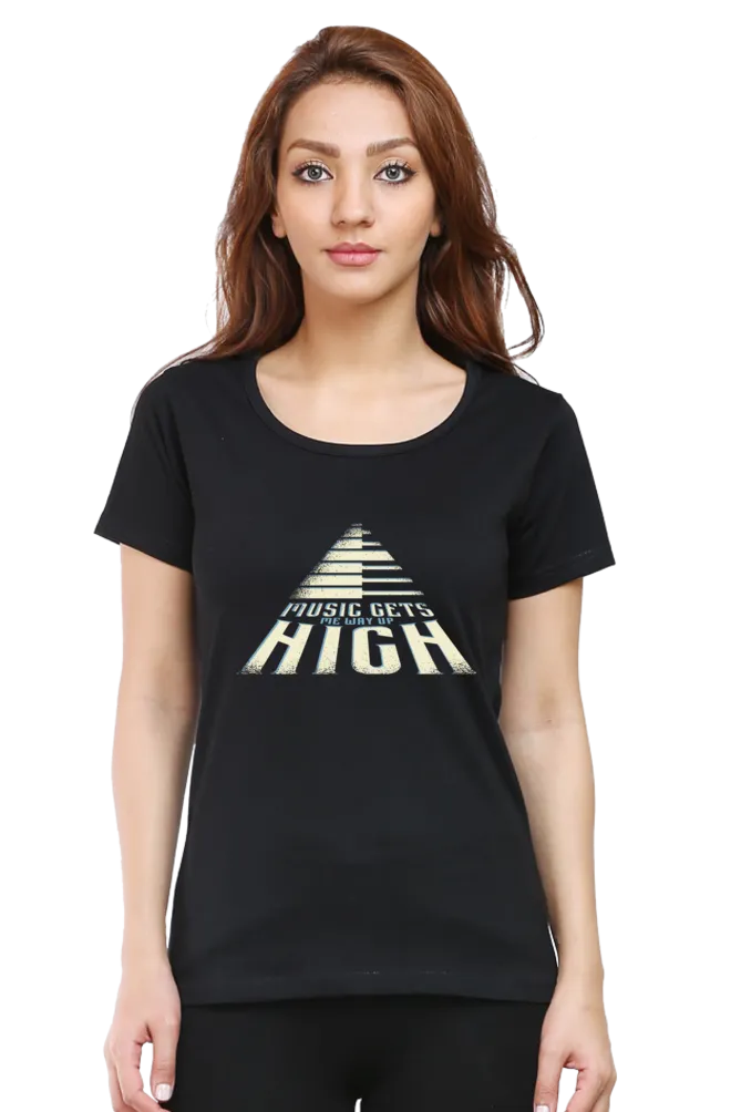 Music Gets Me Way Up High Printed Scoop Neck T-shirt for women