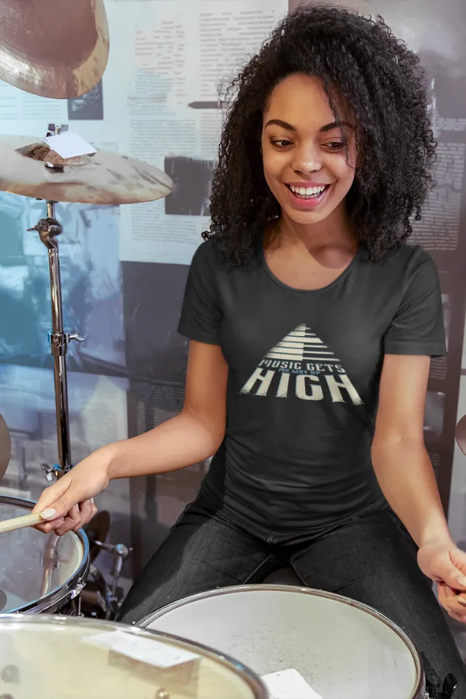 Music Gets Me Way Up High Printed Scoop Neck T-shirt for women