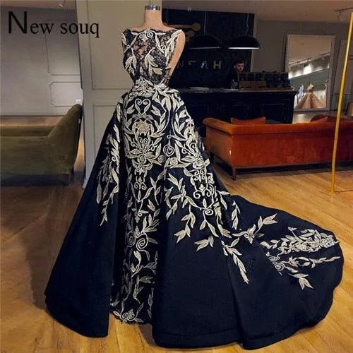 Navy Blue Evening Gown Arabic Turkish Dubai Couture Formal Pageant Dress