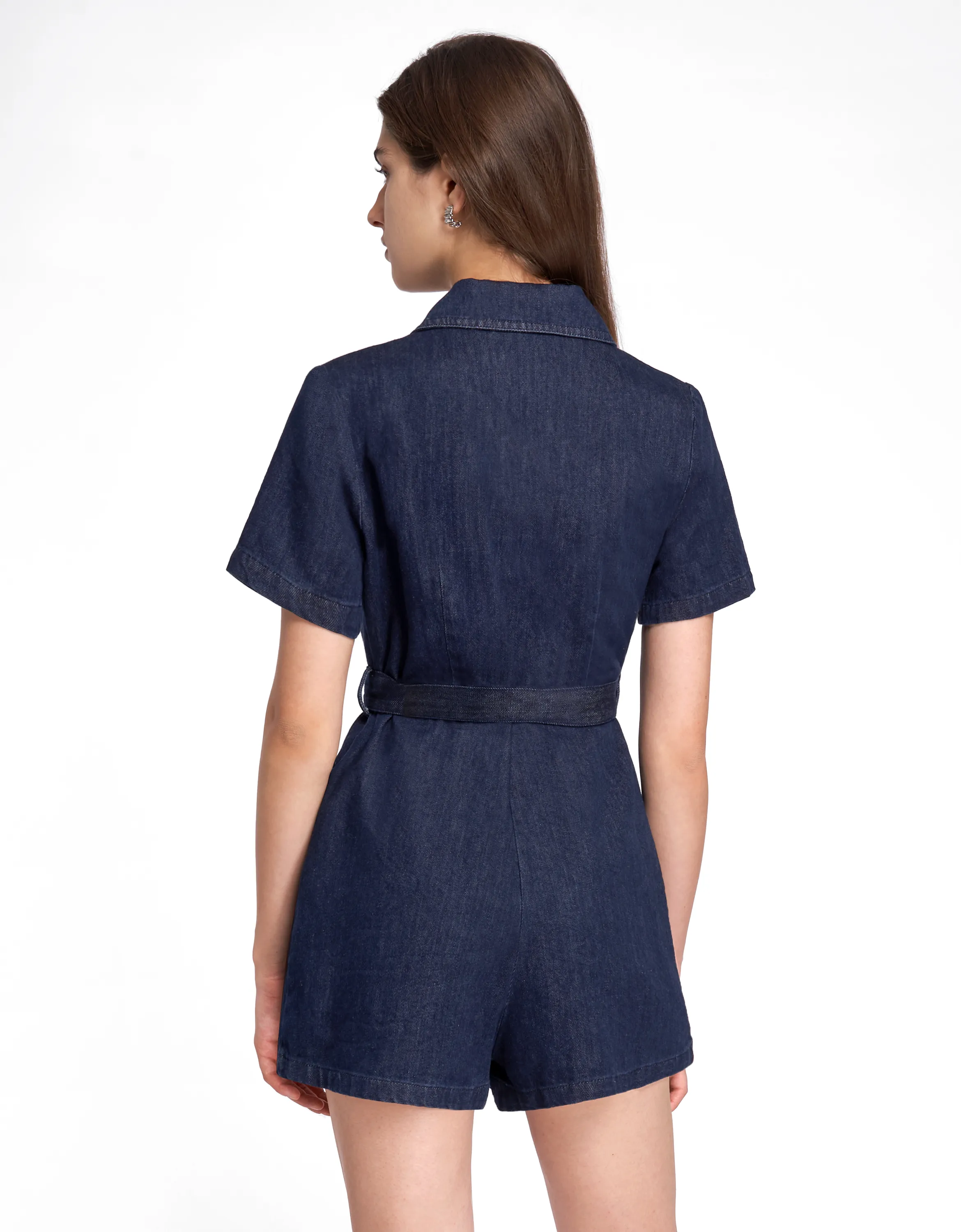 Notch Collar Belted Denim Romper