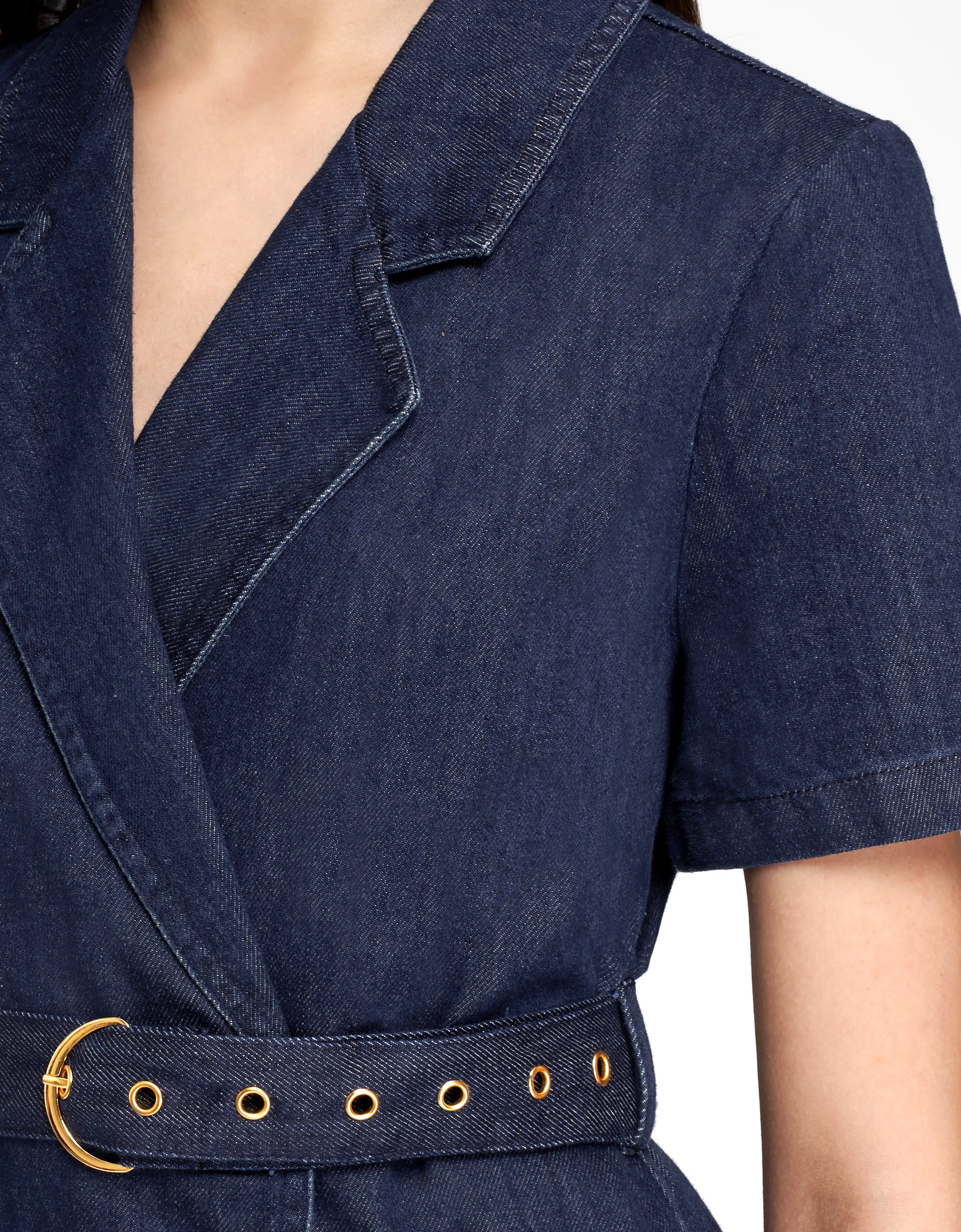 Notch Collar Belted Denim Romper