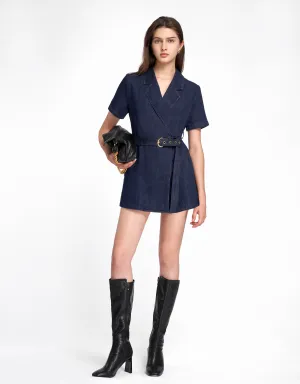 Notch Collar Belted Denim Romper