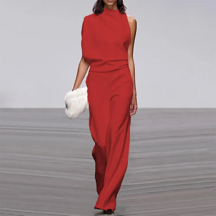 One-Shoulder Pile Collar Jumpsuit