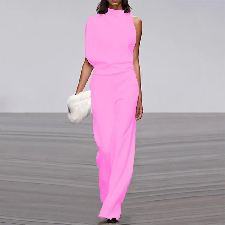 One-Shoulder Pile Collar Jumpsuit