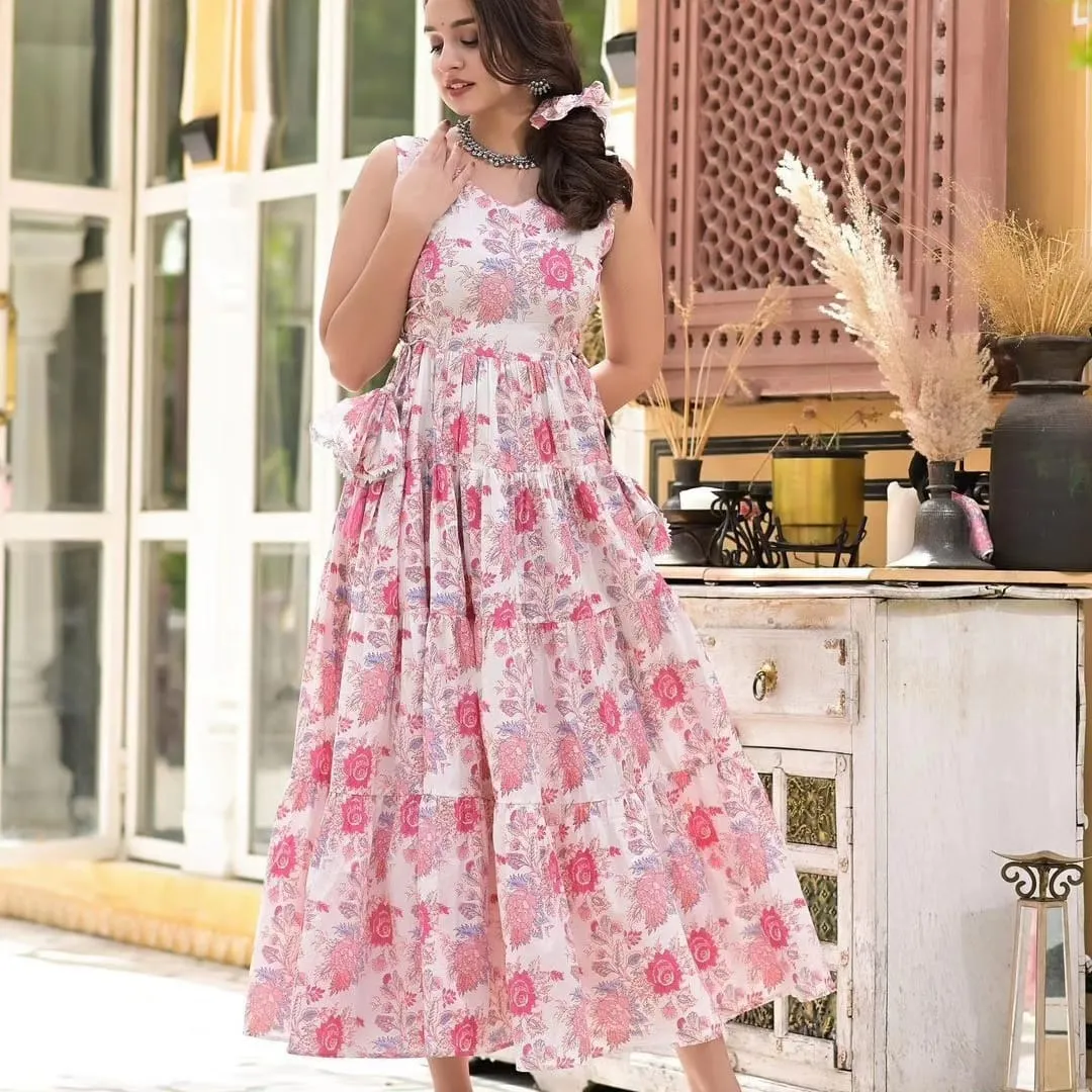Pink and White Cotton Floral Maxi Dress